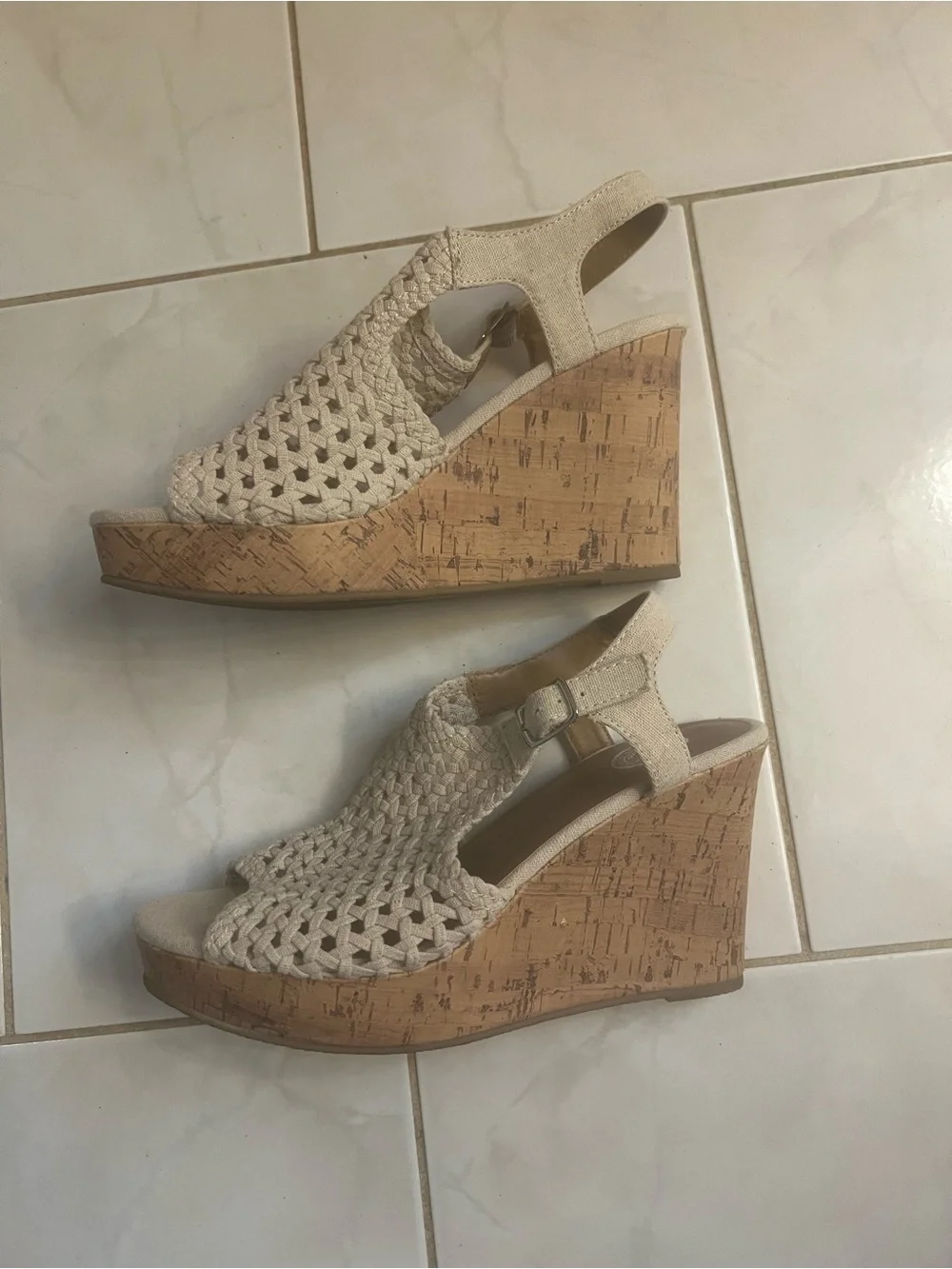 SO Women’s Cream Woven Slingback Open Toe Wedge Sandals